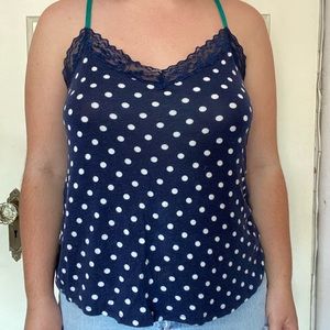 Cutest navy blue & white polka dot lace trim cami by P.J. Salvage